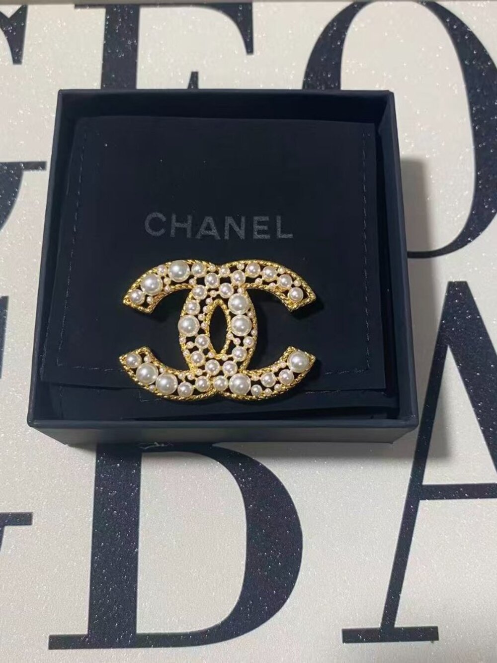 Chanel Gold-Tone Faux Pearl Interlocking CC Logo Brooch
